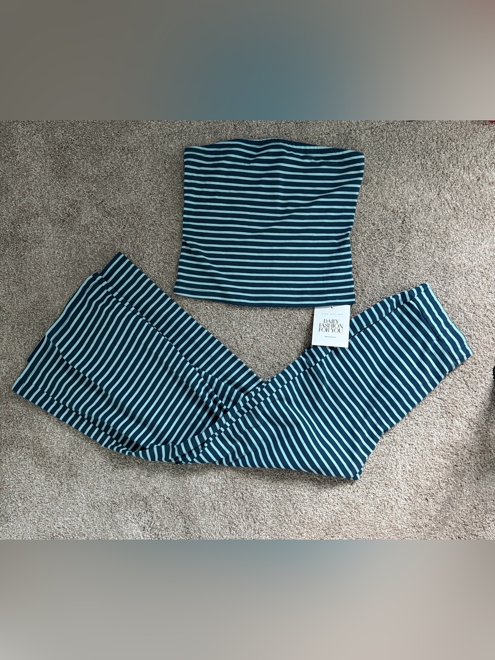 Striped Blue Stretch Tube Top and Wide Leg Pants Set